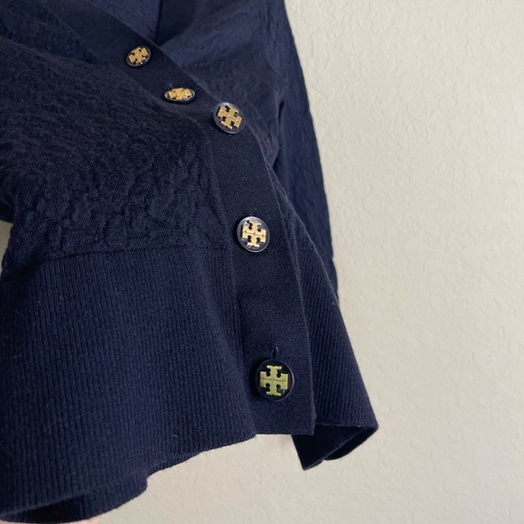 Tory Burch Wool Crinkle Simone Cardigan Navy Blue Size Small - Picture 3 of 9